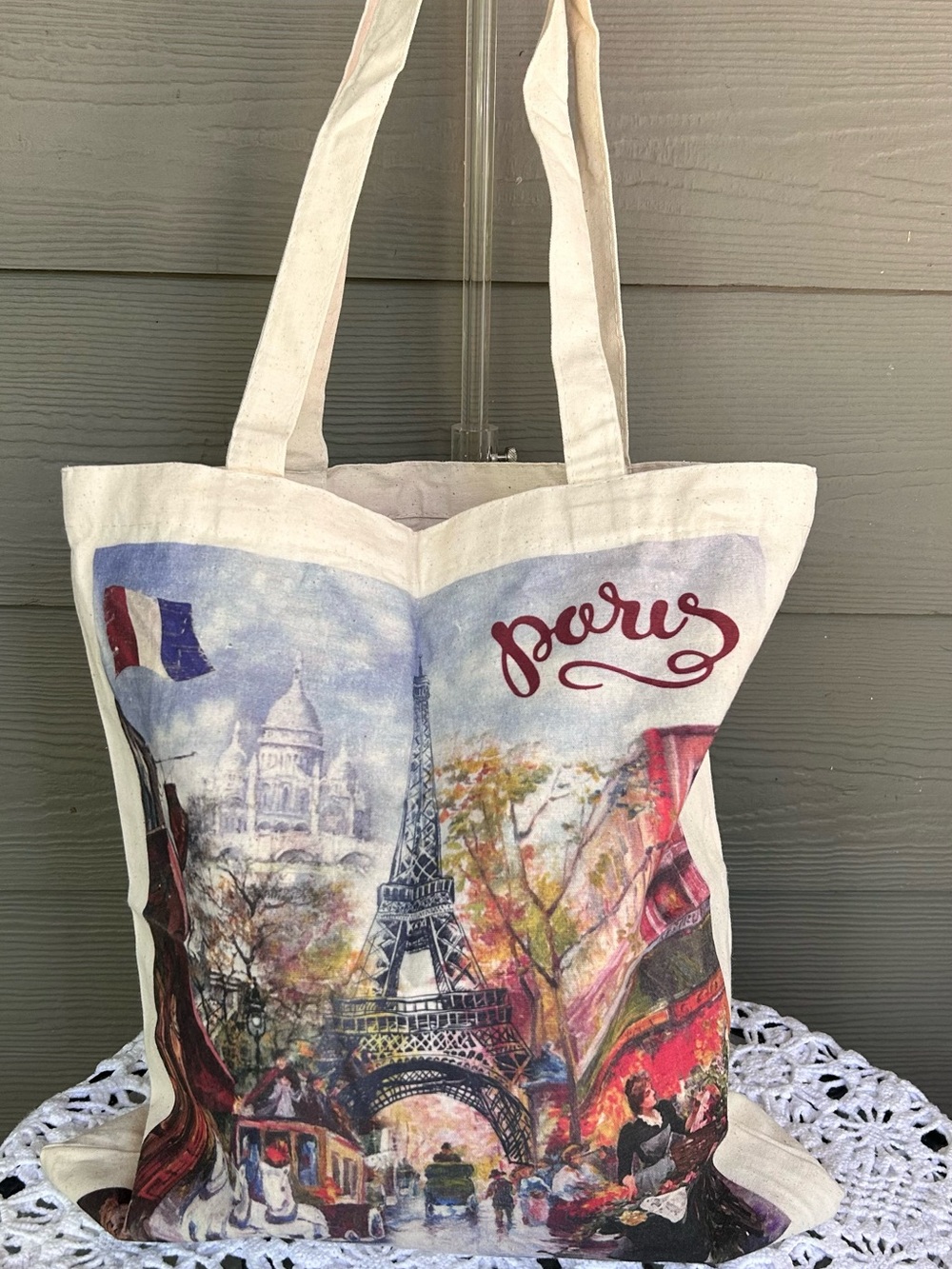 Paris Scene Canvas Tote Bag - Cream with Multicolor Print - Picture 1 of 11
